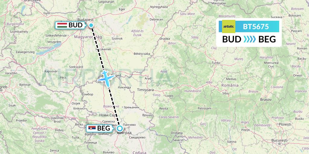 BT5675 Air Baltic Flight Map: Budapest to Belgrade