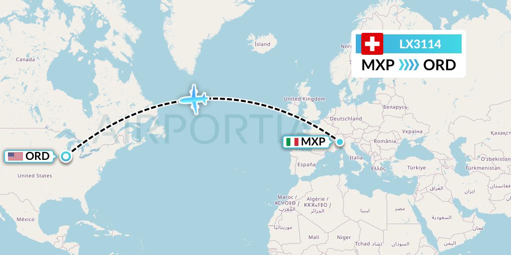 LX3114 Swiss Flight Map: Milan to Chicago