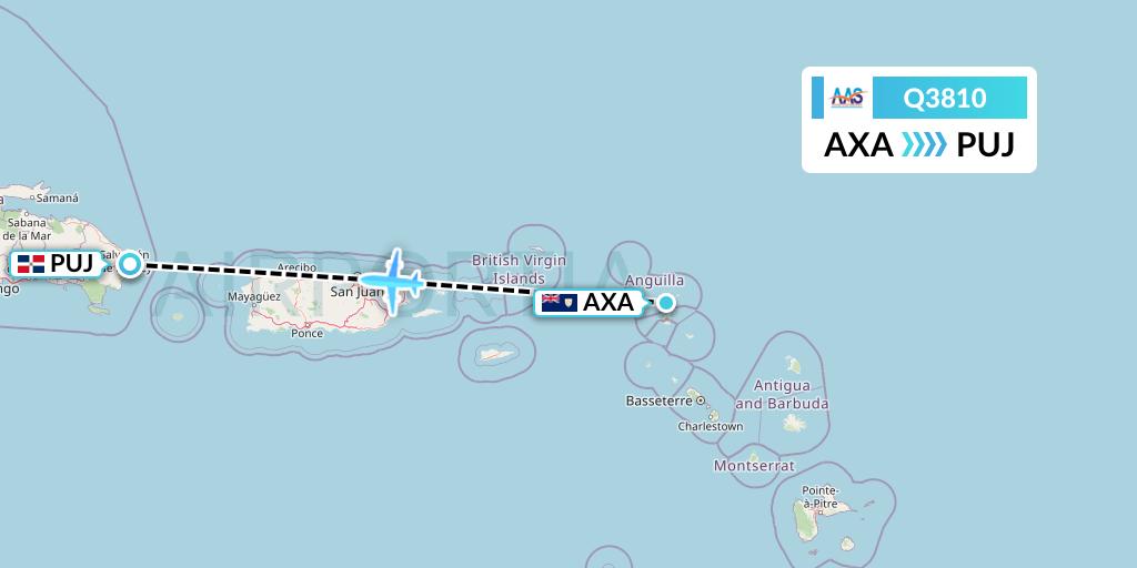 Q3810 Anguilla Air Services Flight Map: The Valley to Punta Cana