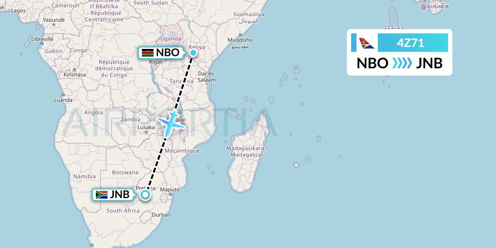 4Z71 Airlink Flight Map: Nairobi to Johannesburg