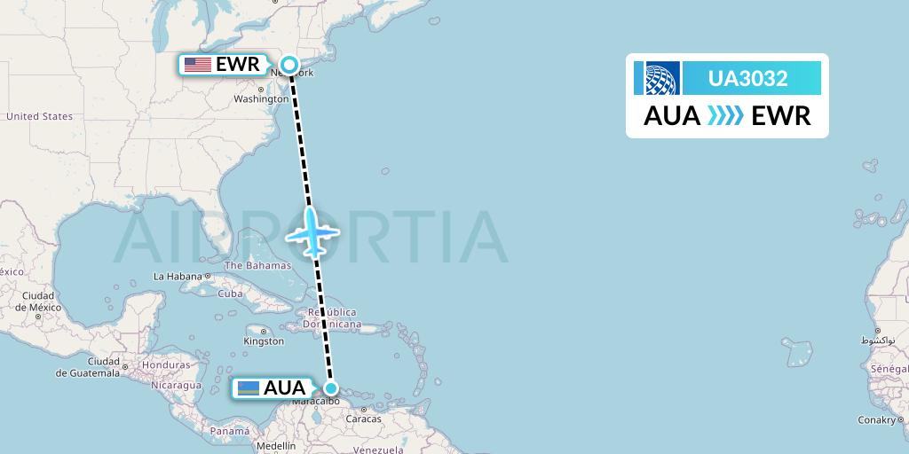 UA3032 United Airlines Flight Map: Oranjestad to New York