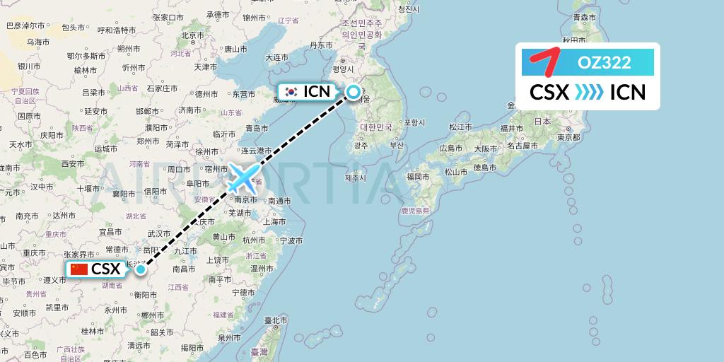 OZ322 Asiana Airlines Flight Map: Changsha to Seoul