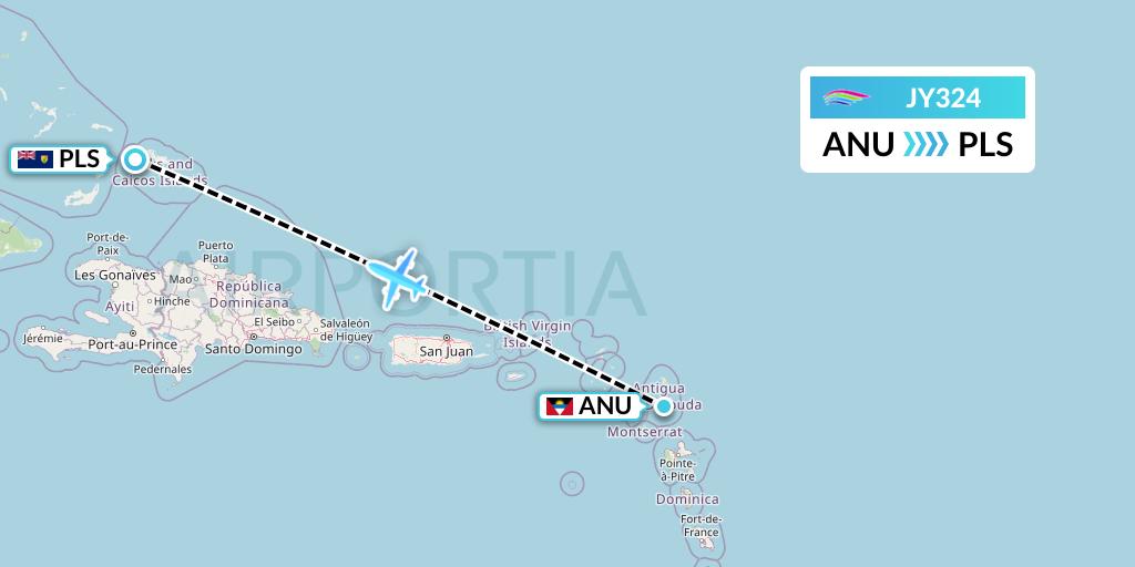 JY324 InterCaribbean Airways Flight Map: Antigua to Providenciales