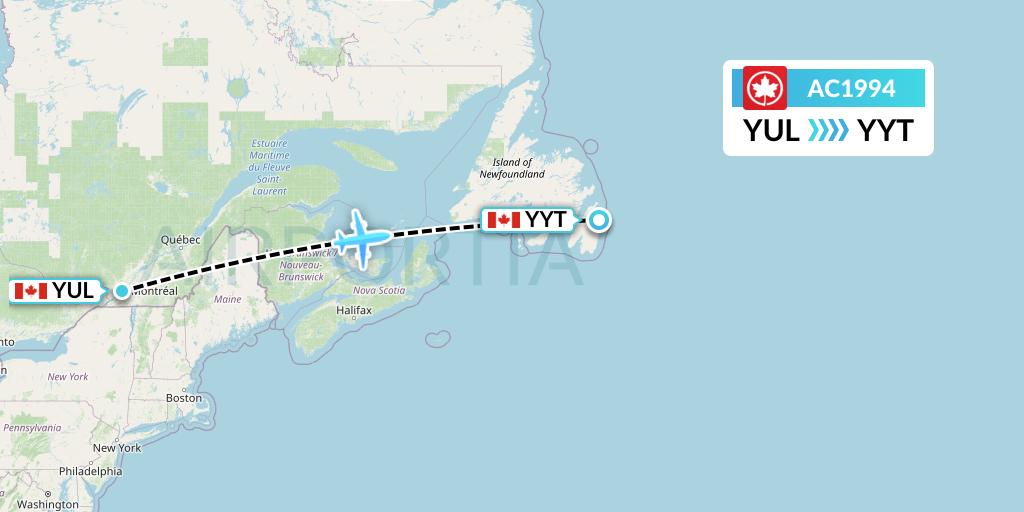AC1994 Air Canada Flight Map: Montreal to St. John's