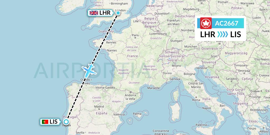 AC2667 Air Canada Flight Map: London to Lisbon