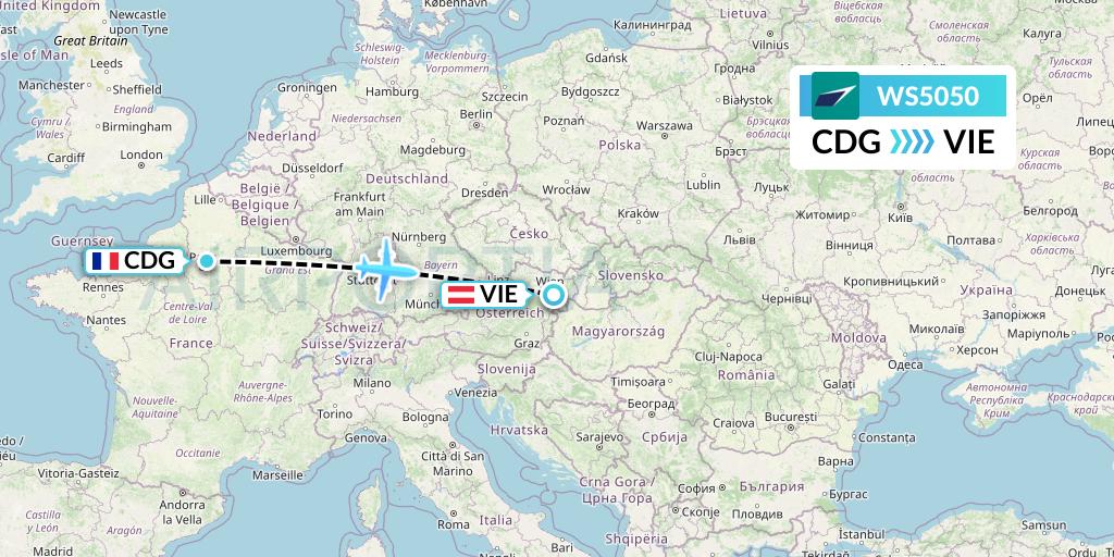 WS5050 WestJet Flight Map: Paris to Vienna