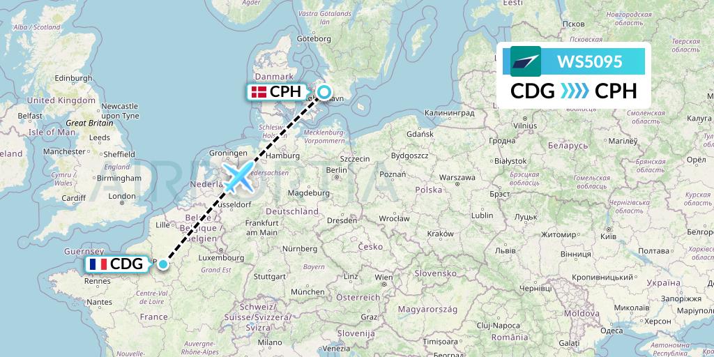 WS5095 WestJet Flight Map: Paris to Copenhagen