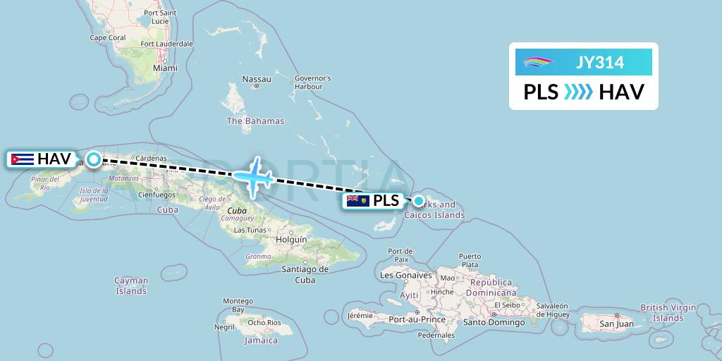 JY314 InterCaribbean Airways Flight Map: Providenciales to Havana