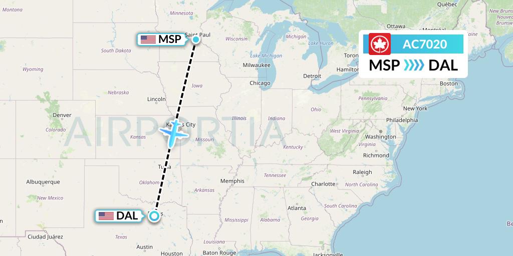 AC7020 Air Canada Flight Map: Minneapolis to Dallas