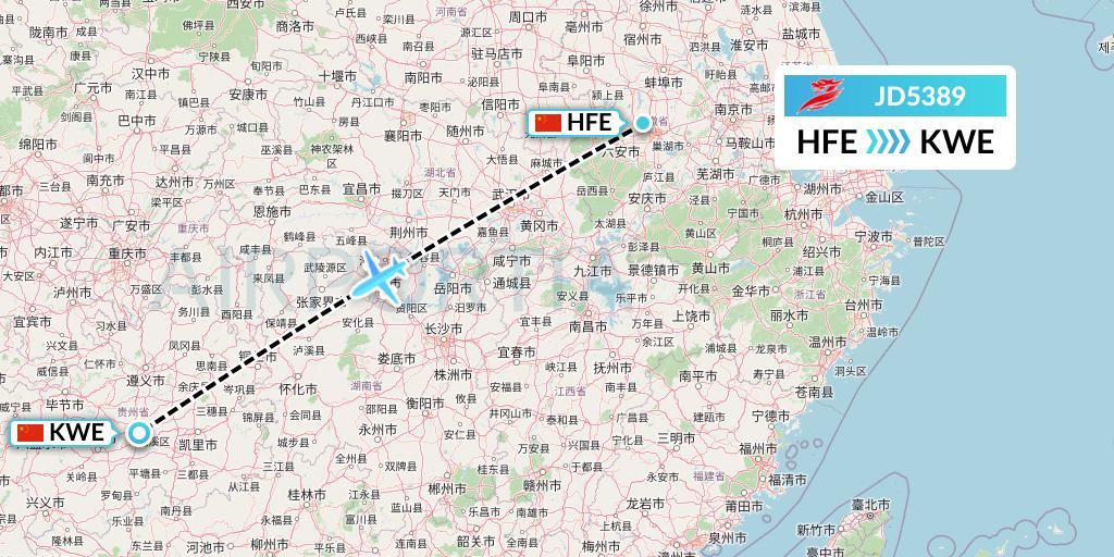 JD5389 Capital Airlines Flight Map: Hefei to Guiyang