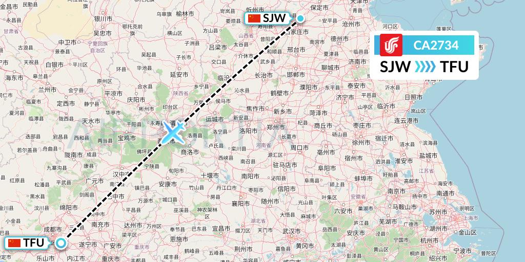 CA2734 Air China Flight Map: Shijiazhuang to Chengdu