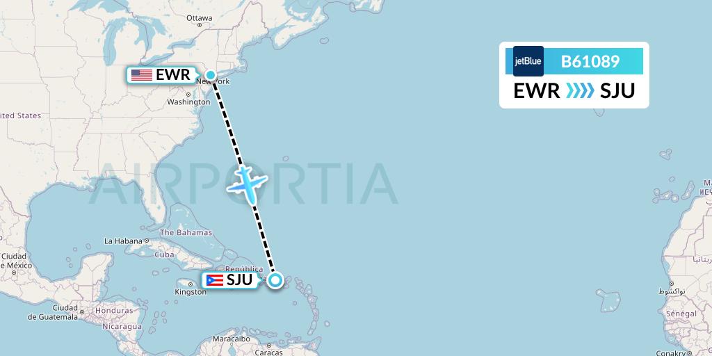 B61089 JetBlue Airways Flight Map: New York to San Juan