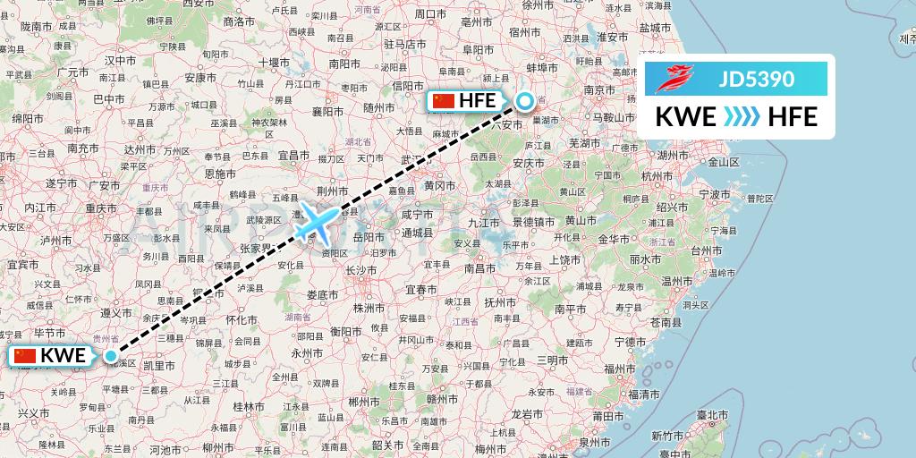 JD5390 Capital Airlines Flight Map: Guiyang to Hefei