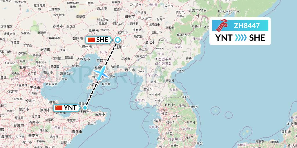 ZH8447 Shenzhen Airlines Flight Map: Yantai to Shenyang