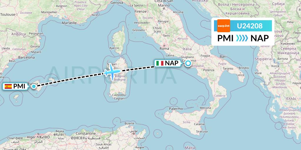 U24208 EasyJet Flight Map: Palma de Mallorca to Naples