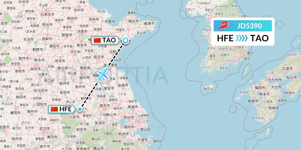 JD5390 Capital Airlines Flight Map: Hefei to Qingdao