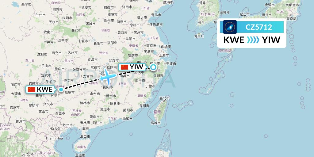 CZ5712 China Southern Airlines Flight Map: Guiyang to Yiwu