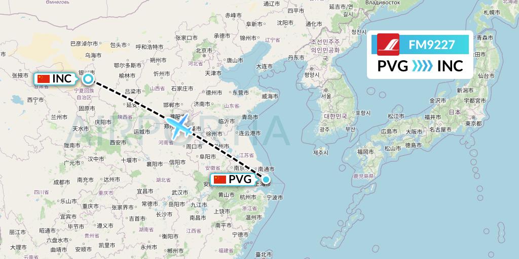 FM9227 Shanghai Airlines Flight Map: Shanghai to Yinchuan
