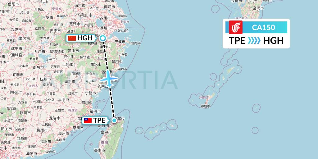 CA150 Air China Flight Map: Taipei to Hangzhou