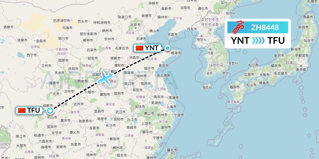 ZH8448 Shenzhen Airlines Flight Map: Yantai to Chengdu