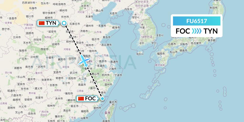 FU6517 Fuzhou Airlines Flight Map: Fuzhou to Taiyuan
