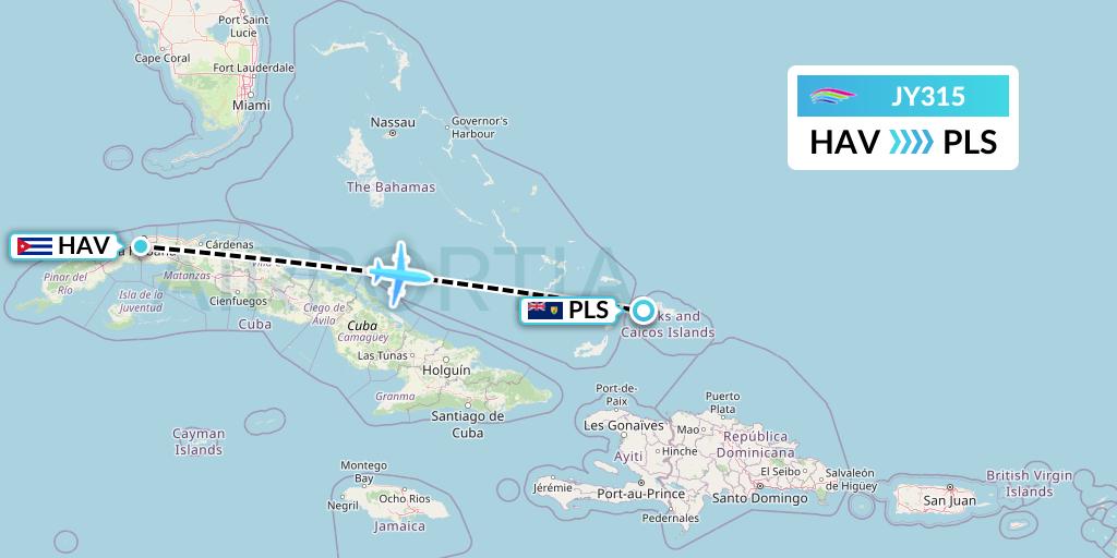 JY315 InterCaribbean Airways Flight Map: Havana to Providenciales