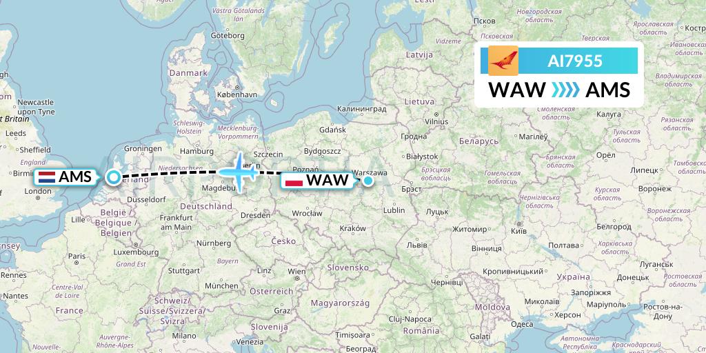 AI7955 Air India Flight Map: Warsaw to Amsterdam