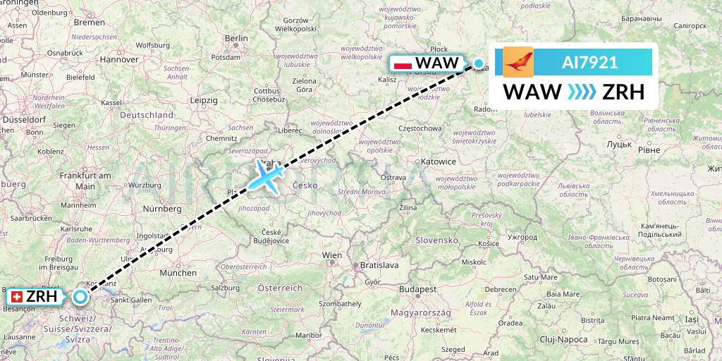 AI7921 Air India Flight Map: Warsaw to Zurich