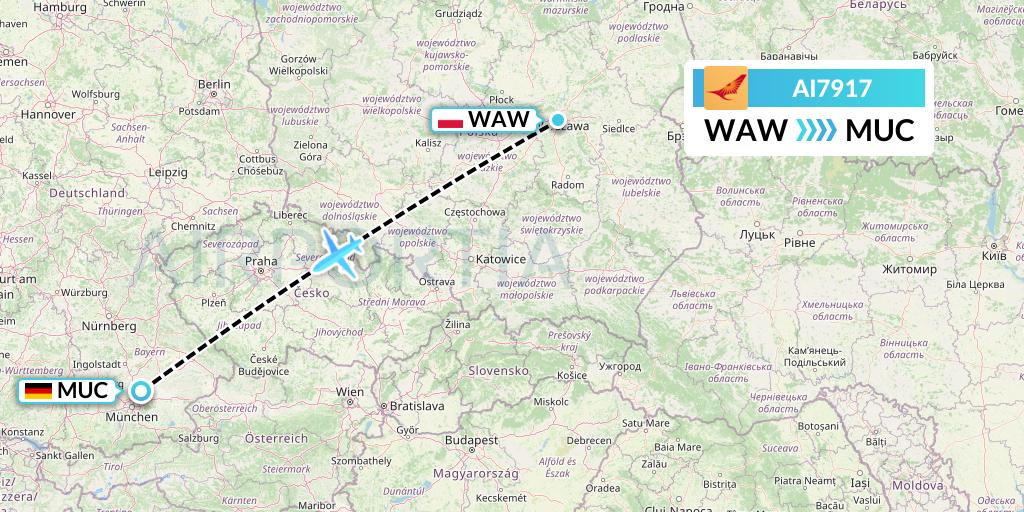 AI7917 Air India Flight Map: Warsaw to Munich