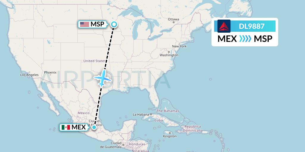 DL9887 Delta Air Lines Flight Map: Mexico City to Minneapolis