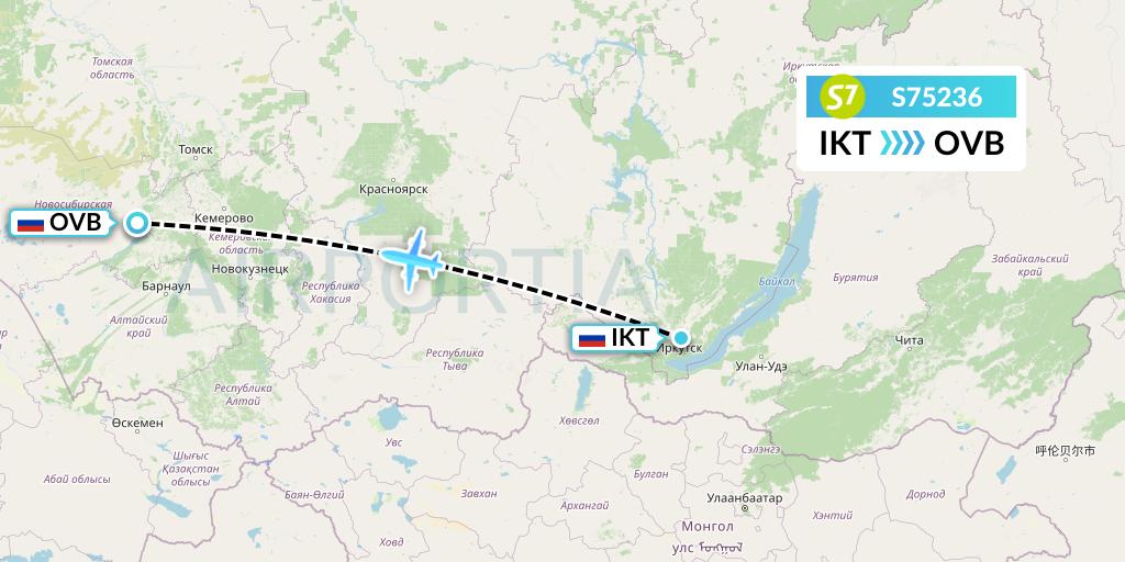 S75236 S7 Airlines Flight Map: Irkutsk to Novosibirsk
