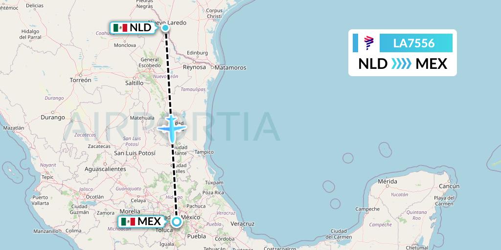 LA7556 LAN Airlines Flight Map: Nuevo Laredo to Mexico City