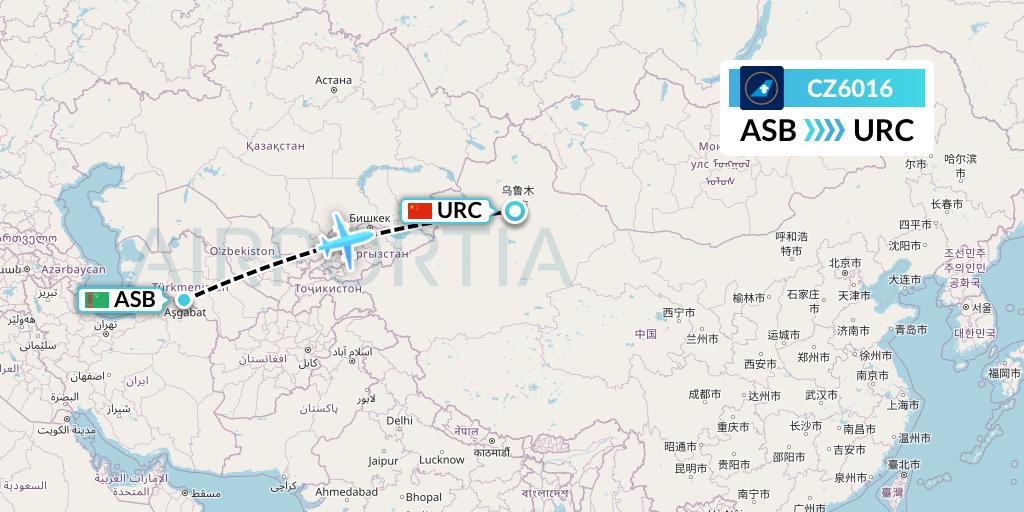 CZ6016 China Southern Airlines Flight Map: Ashgabat to Urumqi