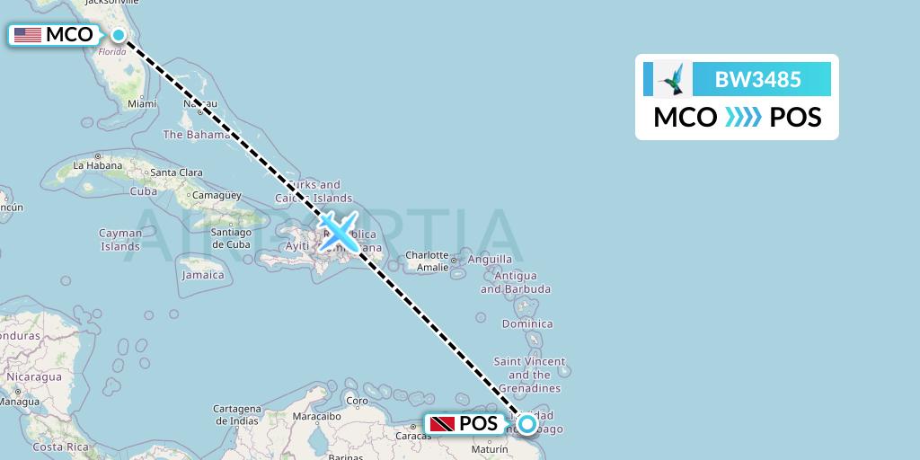 BW3485 Caribbean Airlines Flight Map: Orlando to Port of Spain