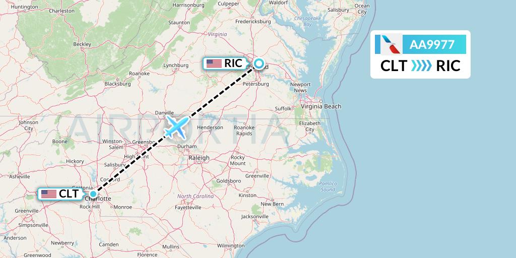AA9977 American Airlines Flight Map: Charlotte to Richmond