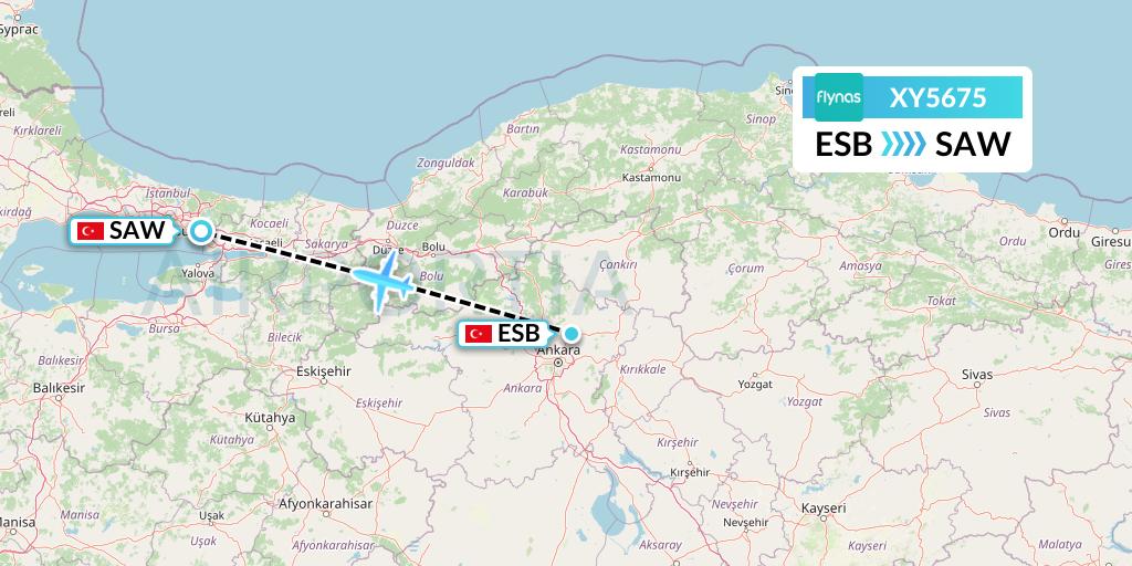 XY5675 flynas Flight Map: Ankara to Istanbul
