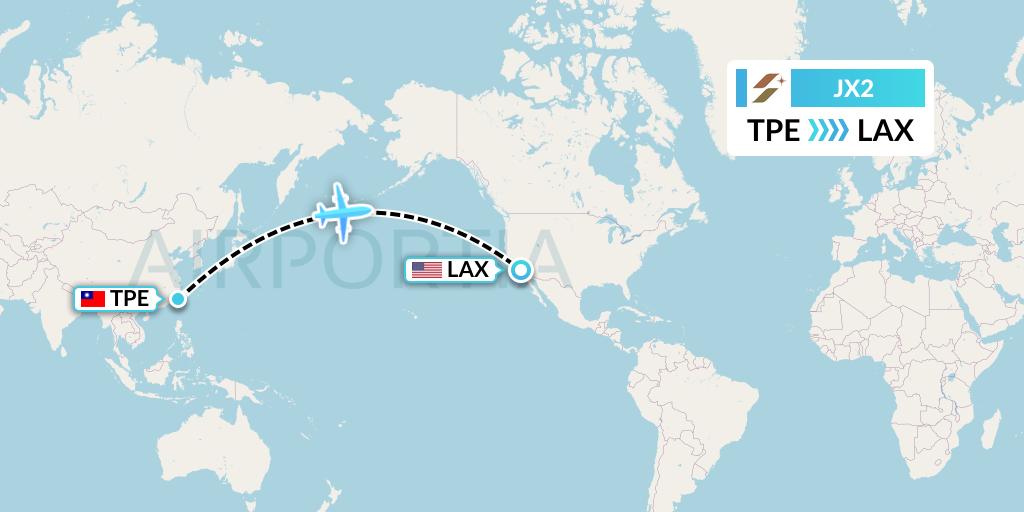 JX2 Starlux Airlines Flight Map: Taipei to Los Angeles