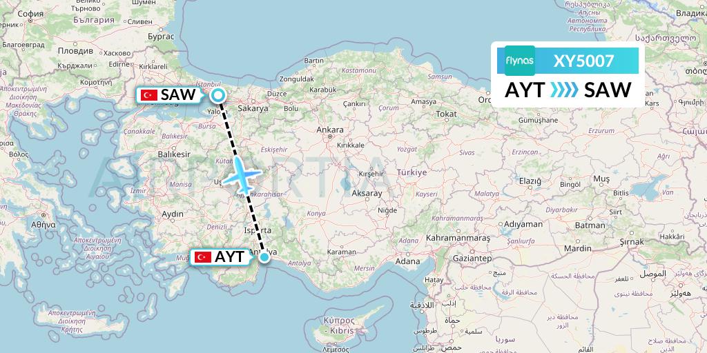 XY5007 Flynas Flight Map: Antalya to Istanbul