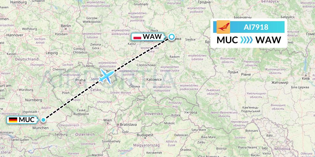 AI7918 Air India Flight Map: Munich to Warsaw