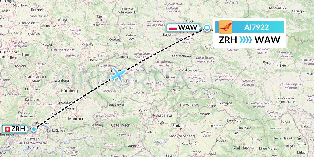 AI7922 Air India Flight Map: Zurich to Warsaw