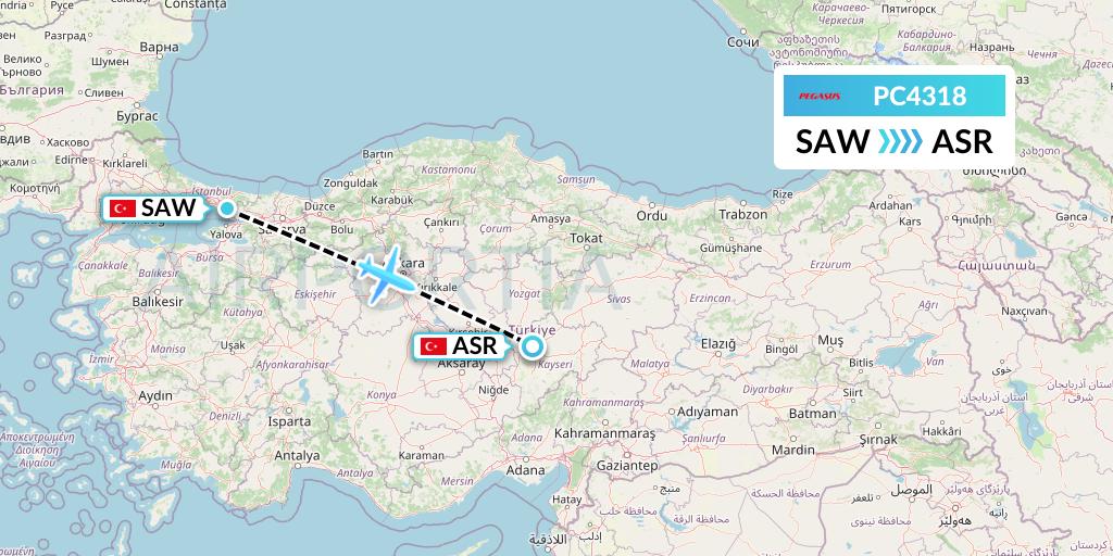 PC4318 Pegasus Airlines Flight Map: Istanbul to Kayseri
