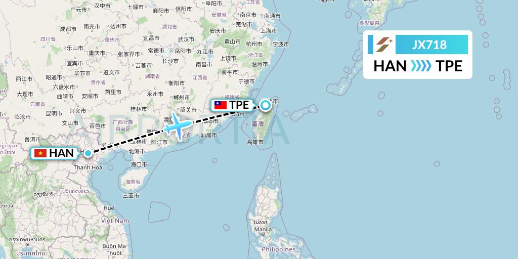 JX718 Starlux Airlines Flight Map: Hanoi to Taipei