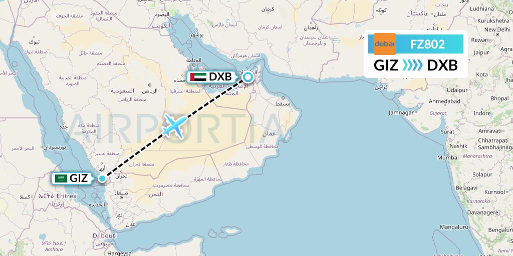 FZ802 FlyDubai Flight Map: Jizan to Dubai