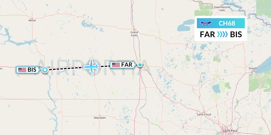 CH68 Bemidji Airlines Flight Map: Fargo to Bismarck