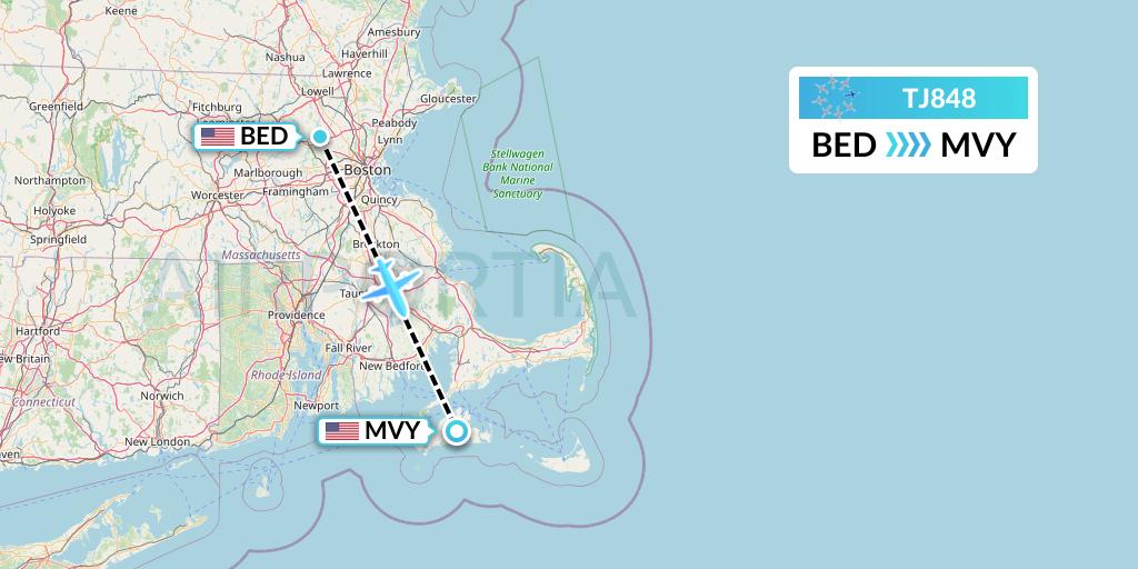 TJ848 Tradewind Aviation Flight Map: Bedford to Martha's Vineyard