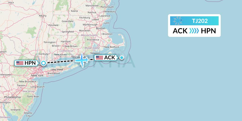 TJ202 Tradewind Aviation Flight Map: Nantucket to White Plains