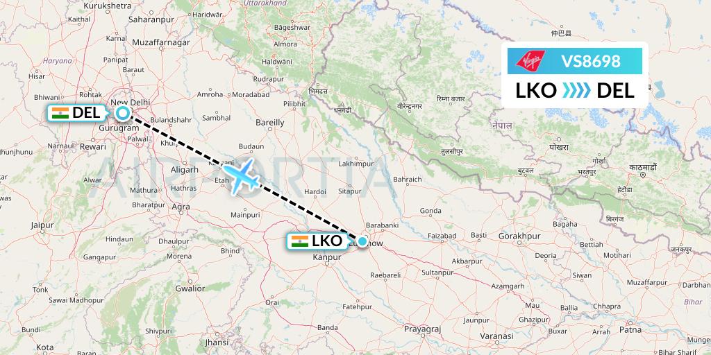 VS8698 Virgin Atlantic Airways Flight Map: Lucknow to Delhi