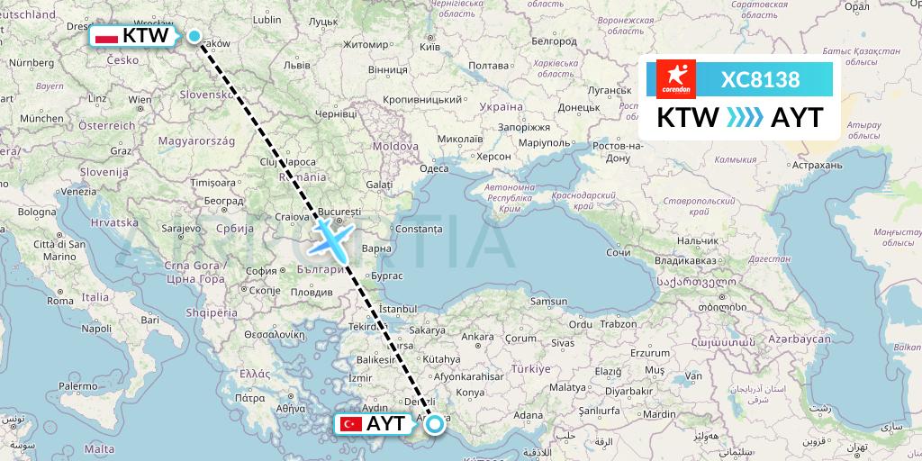 XC8138 Corendon Airlines Flight Map: Katowice to Antalya