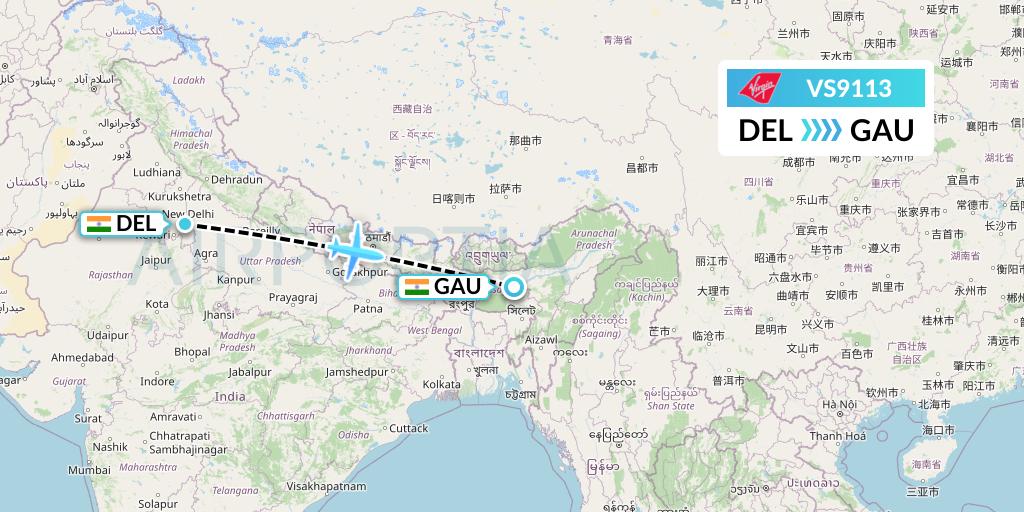 VS9113 Virgin Atlantic Airways Flight Map: Delhi to Guwahati