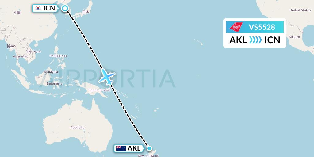 VS5528 Virgin Atlantic Airways Flight Map: Auckland to Seoul